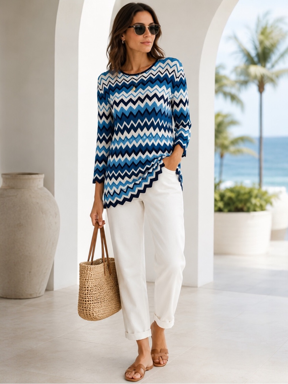Alfred Dunner Chevron Crochet Knit Tunic Sweater Women’s Large Coastal Resort